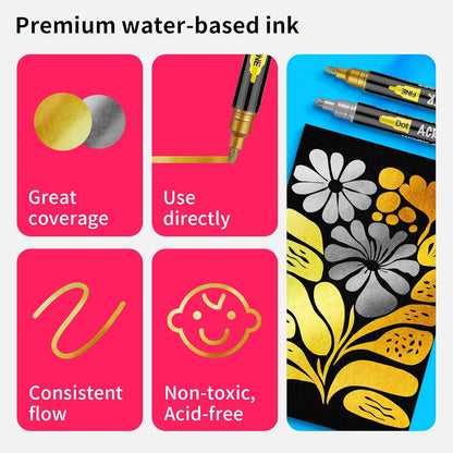 NAWOD 6 Gold and Silver Acrylic Paint Pens Markers, with Fine Tip and Medium Tip, for Rock Painting, Fabric, Canvas, Glass, Wood, Paper, DIY, Ceramic, Paint Markers for Kids and Adults