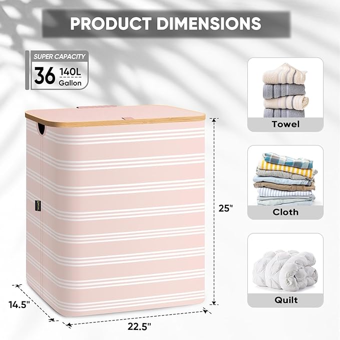 BALEINE Laundry Hamper with Lid, Tall Laundry Baskets with Bamboo Pull Handles