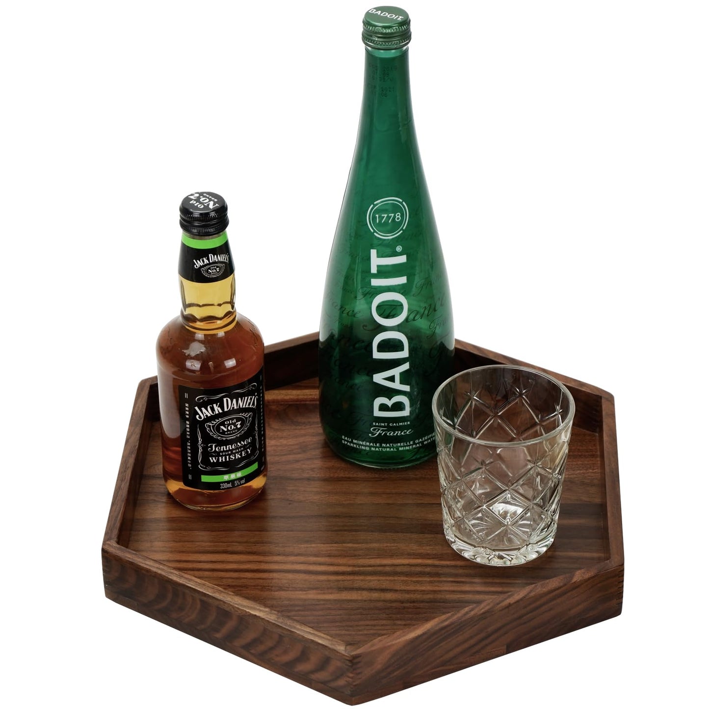 MAGIGO 12 Inches Small Hexagonal Black Walnut Wood Ottoman Tray with Handles, Serve Tea, Coffee Classic Wooden Decorative Serving Tray