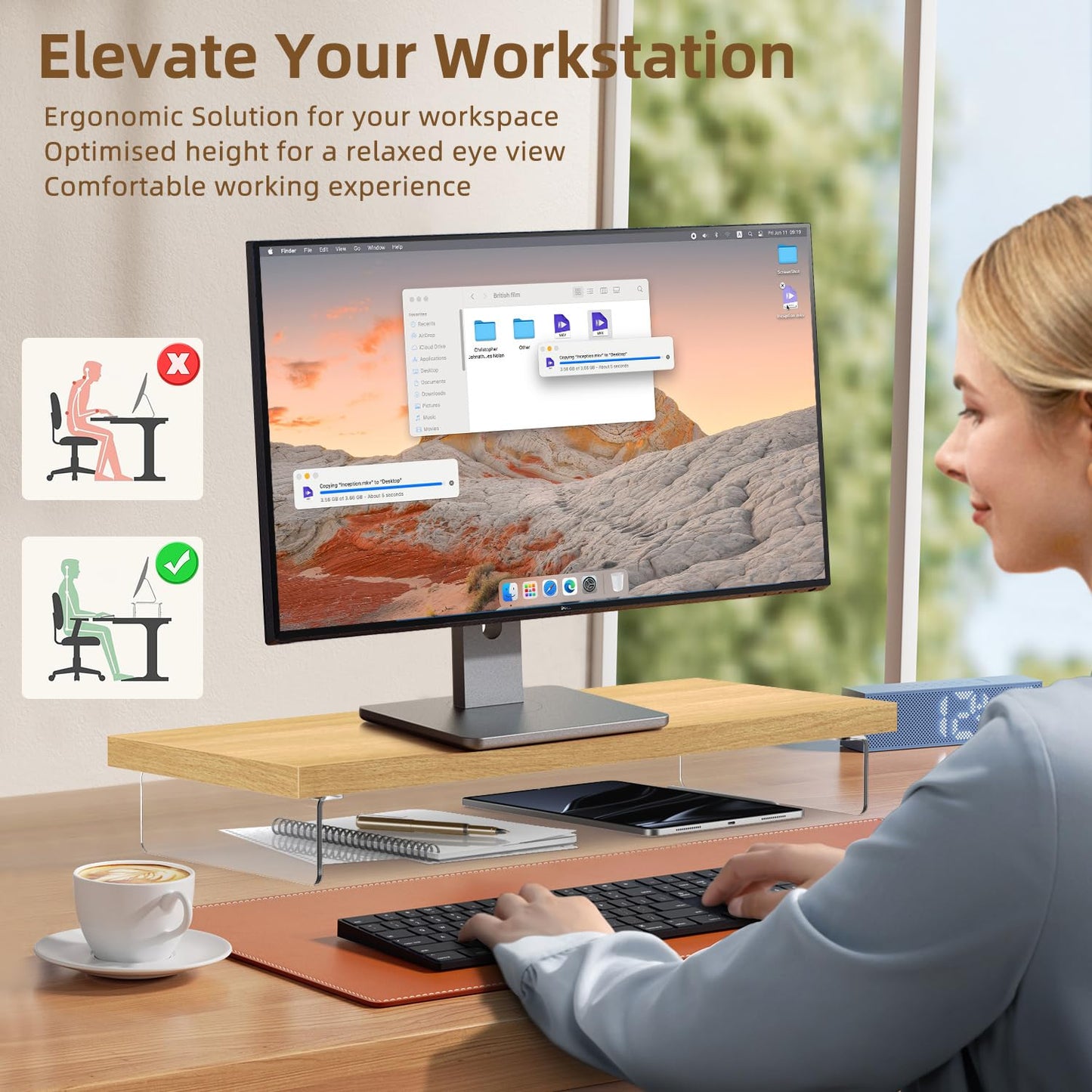 SSWOOD Dual Monitor Stand Riser, 40" Large Computer Monitor Stands for 2 Monitors, Wooden Desktop Organizer Shelf for Office Desk Computer, Laptop, TV, Monitor, Printer