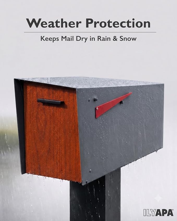 Ilyapa Modern Mailbox with Angle Design Post Mount - Metal Mailbox for Outside - Gray Exterior Mail Box - Powder Coated Steel - All Weather Resistant