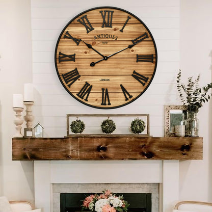 24 Inch Farmhouse Wall Clock - Antique Rustic Wood Finish, Silent Battery-Operated Timepiece with Stylish Decor for Home, Office, Kitchen, Bedroom & Living Room