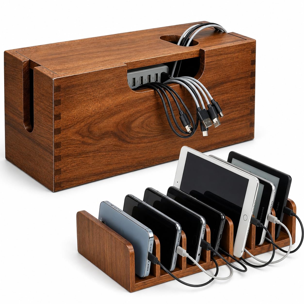 Gdfjiy Charger Organizer, Wooden Family Charging Station Organizer for Multiple Devices, Cable Management Box with Magnetic Lid, 7 Compartments Cell Phone Stand Tablets Holder, Desk Dock Space-Saving