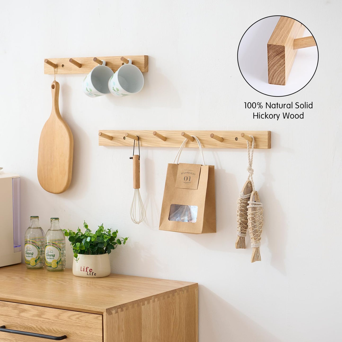 TRWISWDC Hickory Wood Coat Rack Wall Mount, 24 Inch Coat Hook Hanger Wooden Wall Coat Rack with 6 Hooks for Purse Clothes Towels Hats in Entryway Bedroom Bathroom, Natural