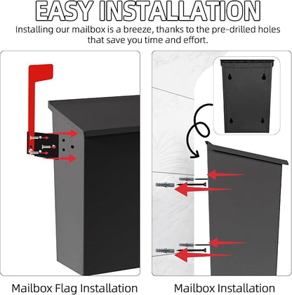 TonGass 7.1"x10.1"x3.8" Wall-Mount Mailbox for House with Flag and Number Stickers, Mailboxes for Outside Wall Mount with Screws Ideal for House Outdoor Use, Rust-Proof Carbon Steel Mailbox - Black