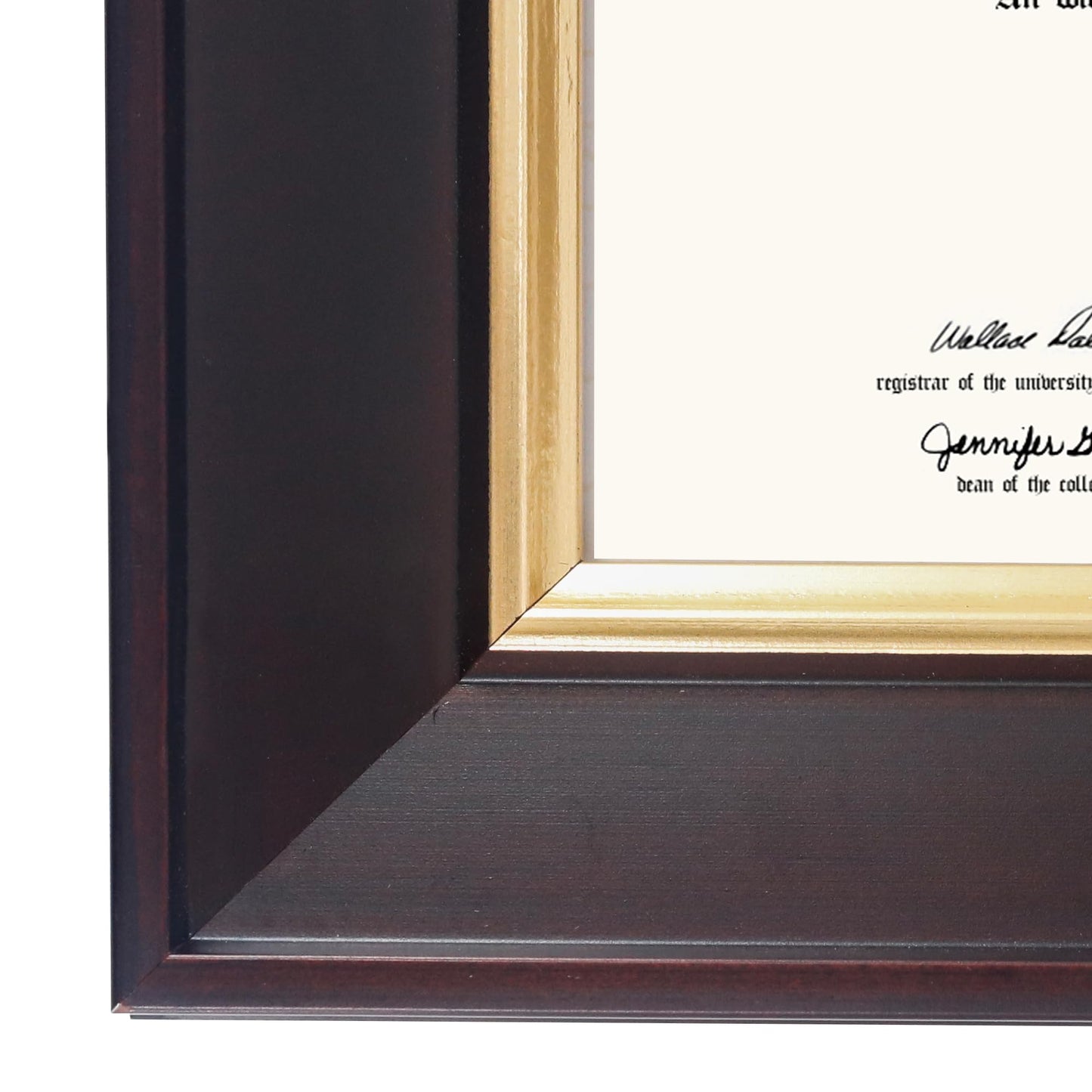 GMFrames 8.5x11 Wood Diploma Frame with Black Mat or Display 11x14 Certificates without Mat,Tempered Glass,Deep Brown Finish with Gold Trim