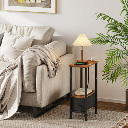 VIMBER Narrow Side Table for Small Spaces, Skinny End Table with Charging Station, Sofa Beside Table with 1 Drawer 1 Open Compartment, Slim Nightstand with USB Ports Outlet, Rustic and Brown