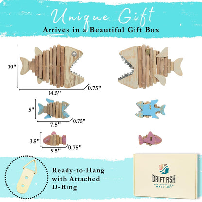 Driftwood Fish 3-in-1 Nautical Wall Decor - Handmade Wooden Rustic Coastal Wall Art for Living Room, Bedroom, Office, Bathroom - Ocean Beach Decoration (Skelly)