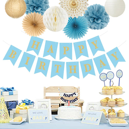 Light-Dusty Blue Beige-Champagne Birthday Party-Decorations - 19pcs Boho Neutral Streamers Banner,Paper Star Garland Lanterns Honeycomb Fan,Tissue Pom Poms,Wall Ceiling Backdrop Supplies Ouruola