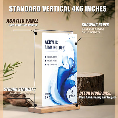 obivioo 4×6 inch Acrylic Table Top Sign Holder with Beech Wood Base – Double-Sided Menu Display Stand, QR Code Frame, Small Table Sign for Restaurant & Wedding(6pack)