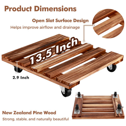 13.5 Inch Plant Caddy with Wheels, 4 Pack Rolling Plant Stand Rollers with Casters Wooden Plant Dolly with Wheels Heavy Duty Rolling Planter Base for Indoor & Outdoor Plants Square Wood Flower Stand