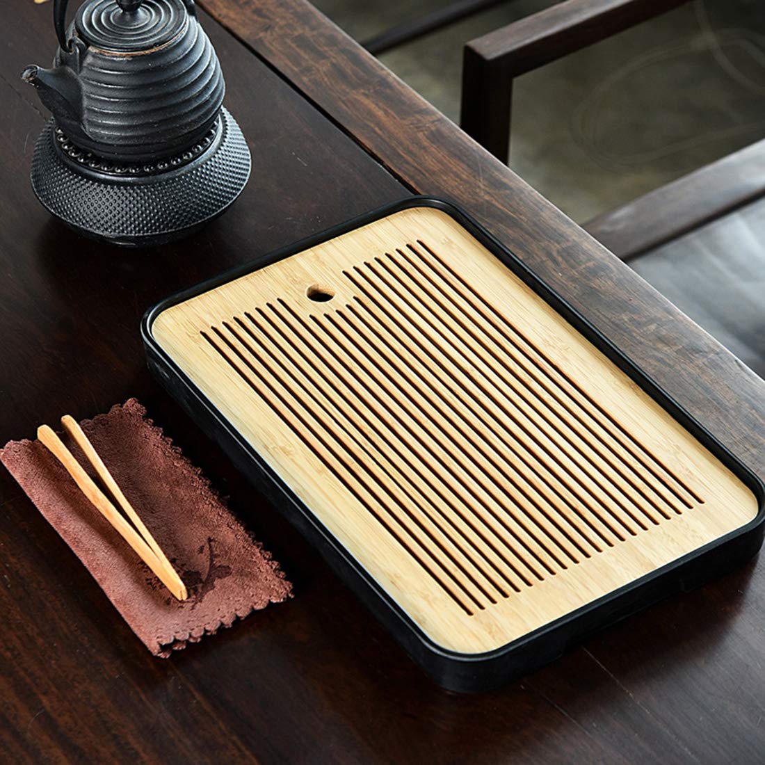 14 Inch Bamboo Chinese Gongfu Tea Tray Table Box with Water Storage for Kungfu Tea Set (Style 5 Black)