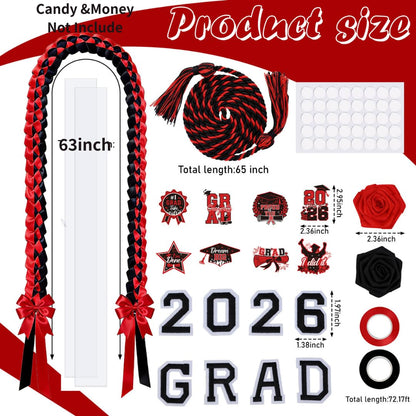 Hamdwerk 26Pcs 2026 Graduation Candy Leis Making Kit, Class of 2026 Graduation Ribbon Lei, Double Braided Necklace Decorations with Flower Patches Honor Cord for DIY Graduate Gifts Party Supplies