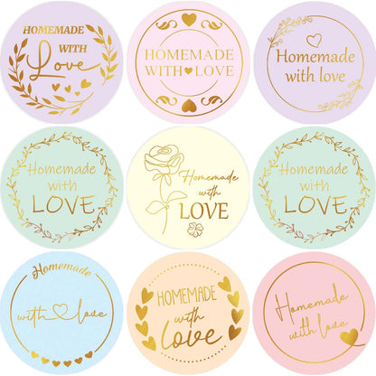 WorldBazaar Homemade with Love Stickers 500pcs Gold Foil Homemade Baked with Love Sticker for Baking Store Small Business Present Labels Wedding Birthday Christmas Party Supplies