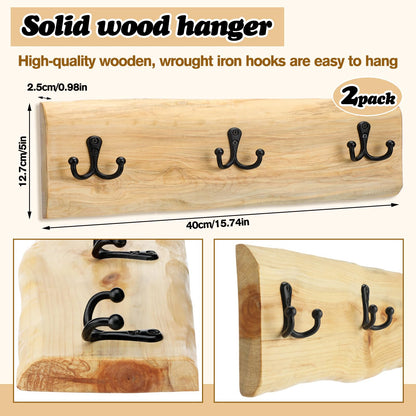 Threehoney 2 Pcs Wooden Coat Rack Wall Mount, 15.8 Inch Farmhouse Style with 3 Hooks, Heavy Duty Wall Hanger for Hanging Backpack, Jacket, Hat, Towel, Purse - Entryway, Bathroom, Bedroom Organizer