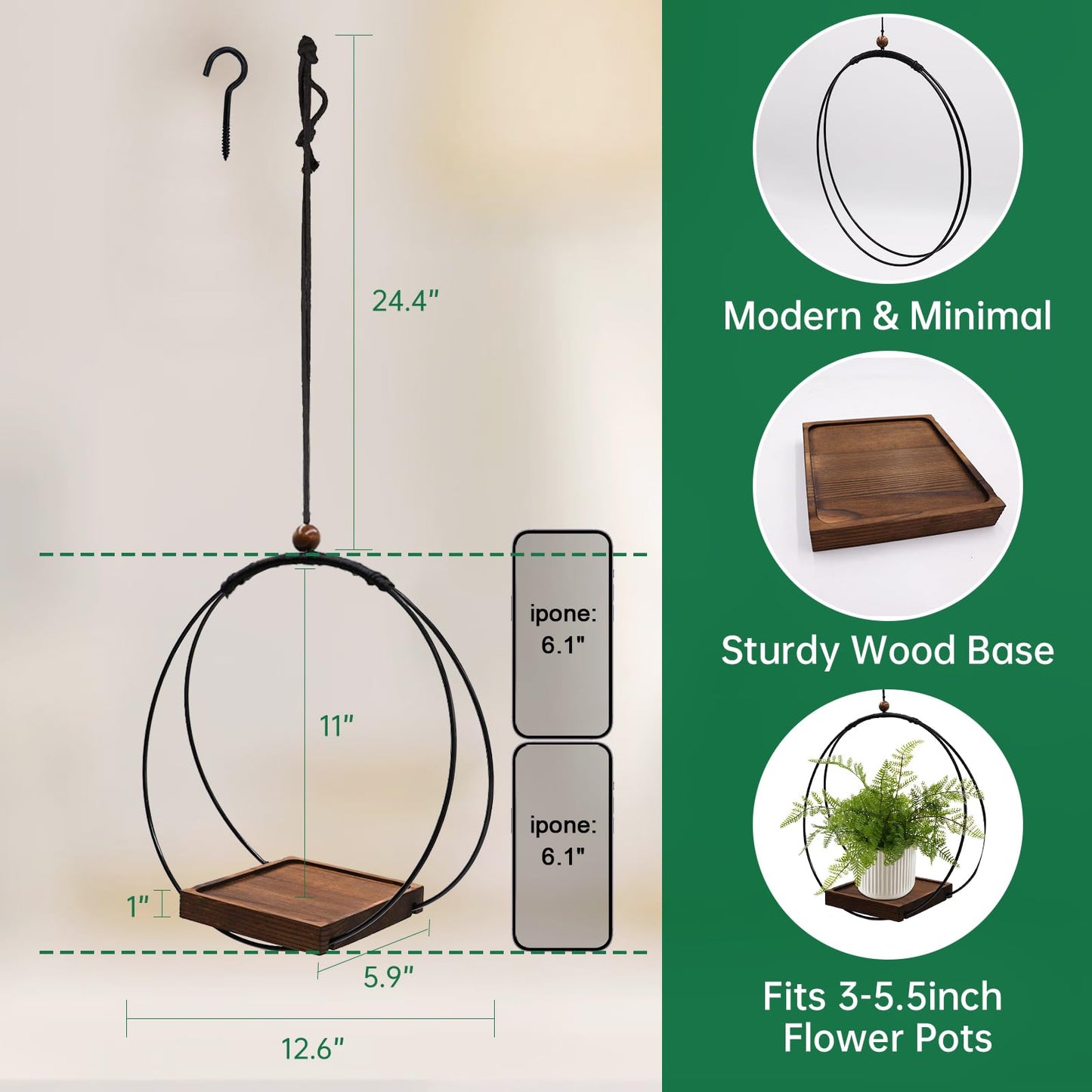 hismocal Hanging Planter for Indoor Plants, Black Plant Hanger Indoor with Sturdy Wood Base, Modern Boho Macrame Plant Hanger, Hanging Wall Ceiling Window Home Decor (Plants/Pots Not Included)