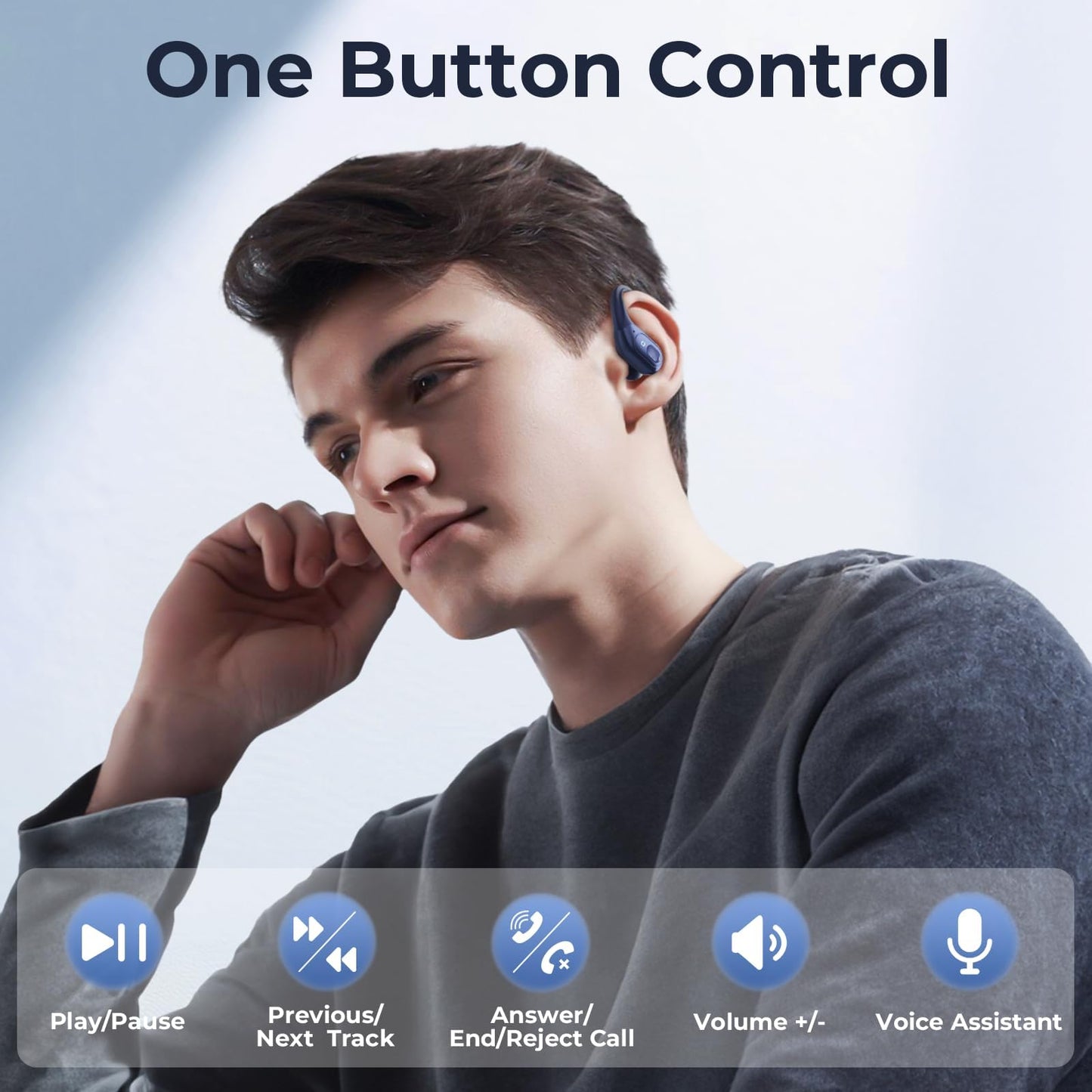 occiam Active Noise Cancelling Earbuds Wireless Bluetooth Headphones Ear Buds 90Hrs Playback Stereo Bass Earphones with Mic Over-Ear Hooks IPX7 Waterproof Headset for Work Sports Running Gym Deep Blue