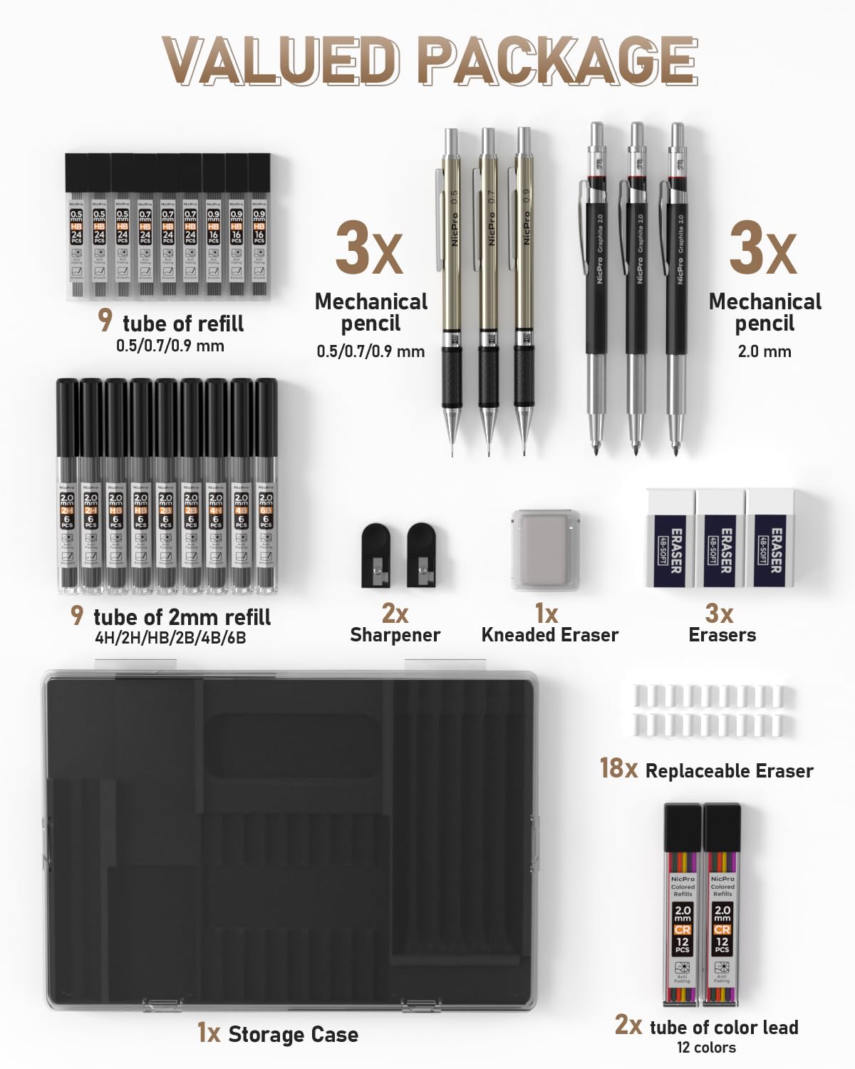 Nicpro 35PCS Art Mechanical Pencil Set, 3 PCS Metal Drafting Pencil 0.5 mm & 0.7 mm & 0.9 mm & 3 PCS 2mm Lead Holder (6B 4B 2B HB 2H 4H Colors) For Sketching Drawing With 20 Tube Lead Refills Case