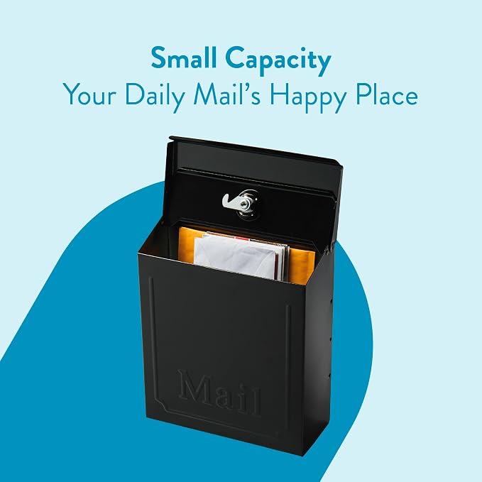 ARCHITECTURAL MAILBOXES Townhouse Vertical Small Capacity, Galvanized Steel Wall Mount Mailbox, 4.1 x 8.6 x 10.1 inches, Black | Galvanized steel build with a concealed lock and key drop box and weather-resistant outdoor construction.