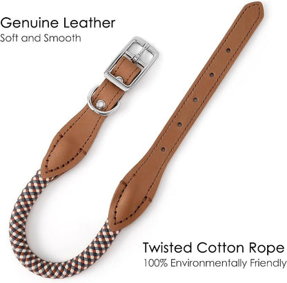 Mile High Life Genuine Leather Dog Collar, Durable Braided Cotton Rope Collar with Metal Pin Buckle for Small Medium Large Dogs (Brown Plaid, S Neck 11"-15")