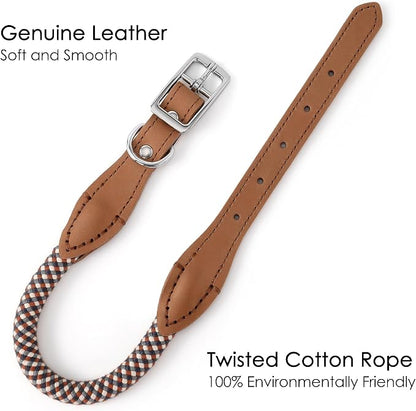 Mile High Life Genuine Leather Dog Collar, Durable Braided Cotton Rope Collar with Metal Pin Buckle for Small Medium Large Dogs (Brown Plaid, L Neck 17"-21")