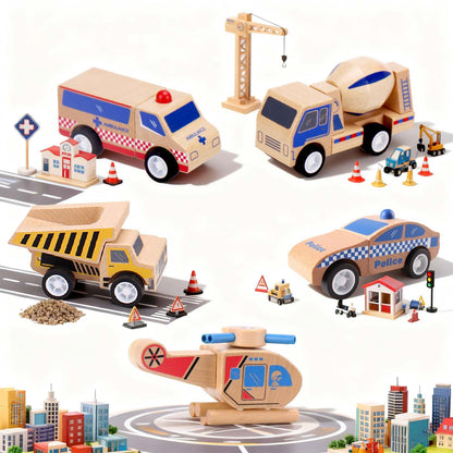 Udeas 5Pcs Premium Wooden Vehicle Toys for Toddlers 1-3 - Police Car, Garbage Truck, Dump Truck, Helicopter & Ambulance | Certified Safe, Montessori Toys, Push and Go Cars for 1+ Year Old Kids