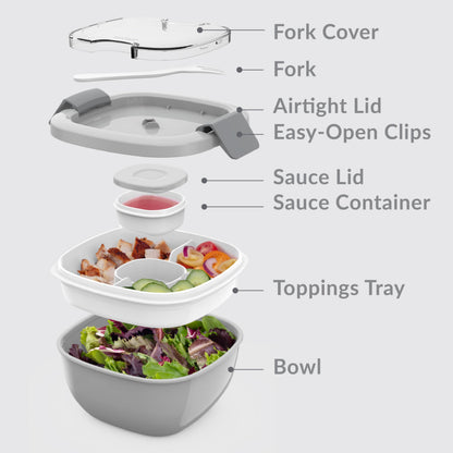 Bentgo Salad Container - 54 oz Bowl with 4-Compartment Toppings Tray, Leak-Proof Dressing Container, Reusable Fork, BPA-Free Lunch Box for Meal Prep & Food Storage; Removable Bento Tray (Gray)