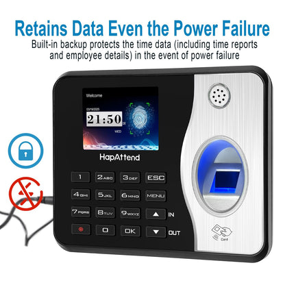HapAttend Time Clocks for Employees Small Business Automatic Calculate Hours, 0 Monthly Fees Fingerprint Time Clock, H3 Standalone Biometric Clock in Machine for Employees with 5 RFID Cards (No WiFi)