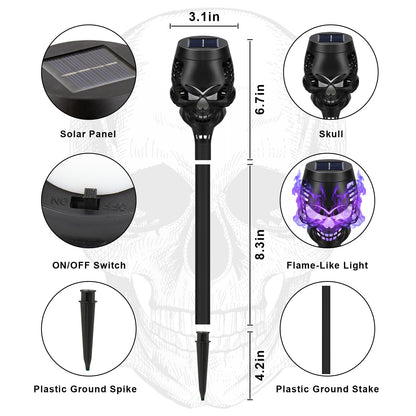 Solar Halloween Decorations Outdoor, 8 Pack Spooky Skulls Solar Torch Flame Lights, Waterproof Pathway Halloween Lights for Garden, Yard, Lawn, Porch, Landscape Decor, Purple