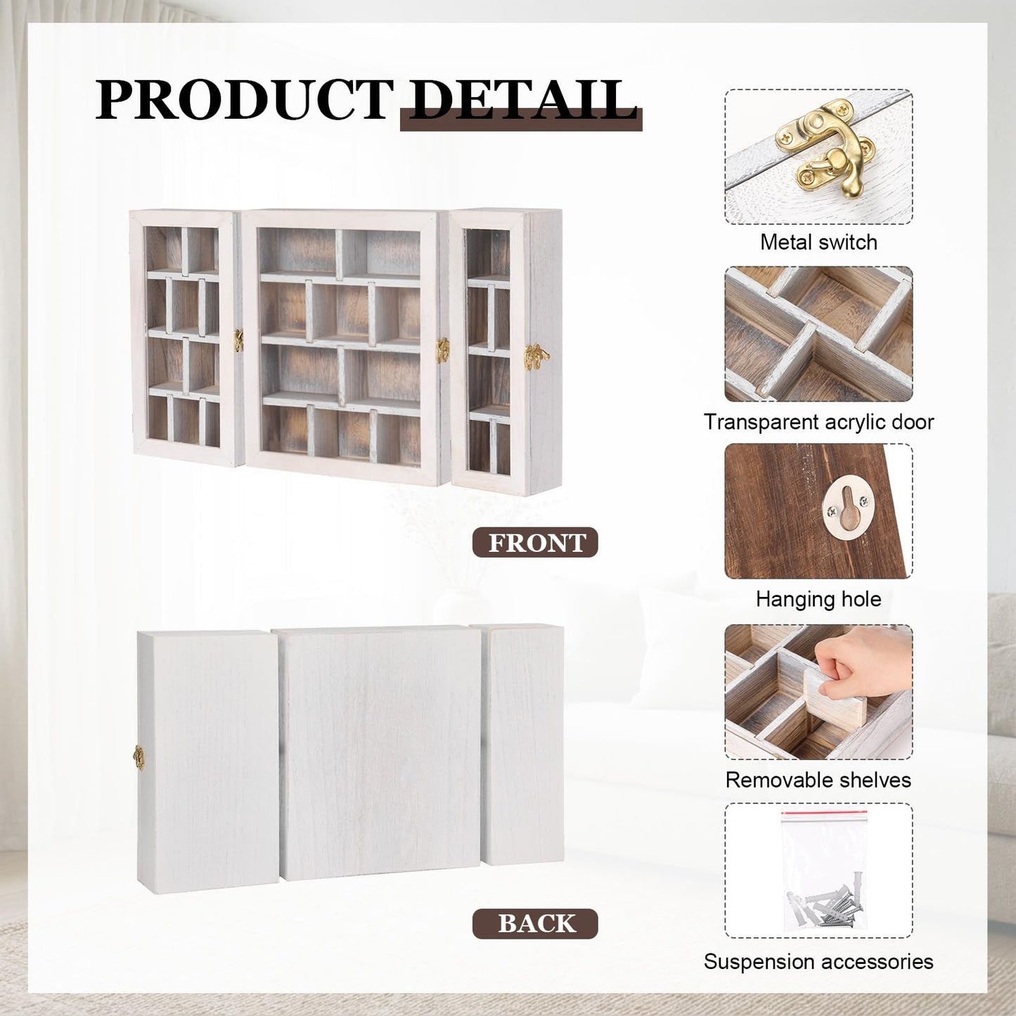 DoubleFill Wooden Trinket Display Shelf Shadow Box with Shelves Large Wall Mounted Display Storage Mini Figures Curio Trinket Medals Crafts Collections (Antique White)
