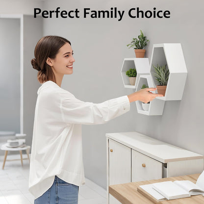 ZGZD Set of 3 White Wooden Hexagon Wall Shelves - Modern Decorative Storage for Home, Kitchen, Office Stylish Floating Shelves for Small Plants, Books, and Decor