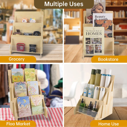 SSYYGET Greeting Card Display Stand, 3 Tier Postcard Display Stand, Portable Card Display Rack, Wooden Retail Display Holder, Magazine Organizer Rack, Stands for Valentine Cards (3 Tier)