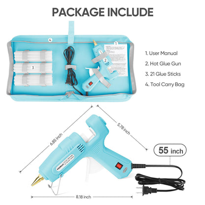 ROMECH Full Size Hot Glue Gun with 60/100W Dual Power and 21 Hot Glue Sticks (7/16"), Fast Preheating Heavy Duty Industrial Gluegun with Storage Case for Crafting, DIY and Repairs (Cyan)