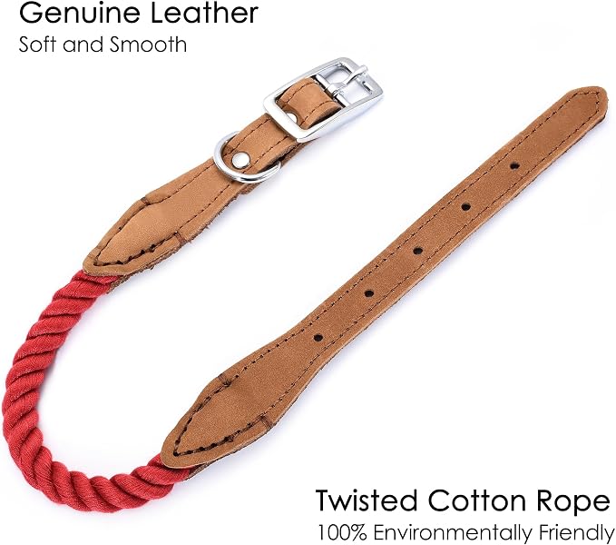 Mile High Life Genuine Leather Dog Collar, Durable Braided Cotton Rope Collar with Metal Pin Buckle for Small Medium Large Dogs (Red, M Neck 15"-18")
