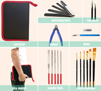 HOPLEX Model Tools Kit 20 in 1 Adults Hobby Building Tools Set Basic Tools with Nippers Tweezers Needle Files Polishing Bars for Car Airplane Model Building Repairing and Fixing