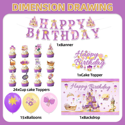 42pcs Purple Castle Birthday Party Decorations Includes Cake Toppers,Cupcake Toppers, Banner, Backdrop, Balloons - Princess Theme Party Supplies Set for Baby Shower