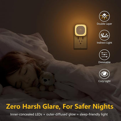 YUNLEX 2 Pack Plug in Night Light with Motion Sensor & Dusk to Dawn Sensor, 3 in 1, Dimmable Reflected Light, Warm White Nightlight for Living Room, Bathroom, Hallway, Stairs