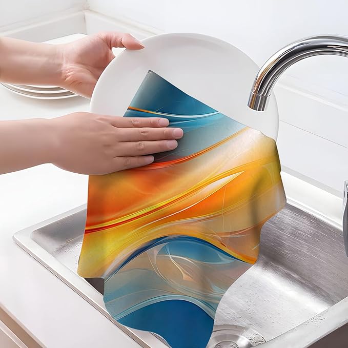 Orange Blue Kitchen Dish Towels Set of 4, Soft Absorbent Marble Decorative Tea