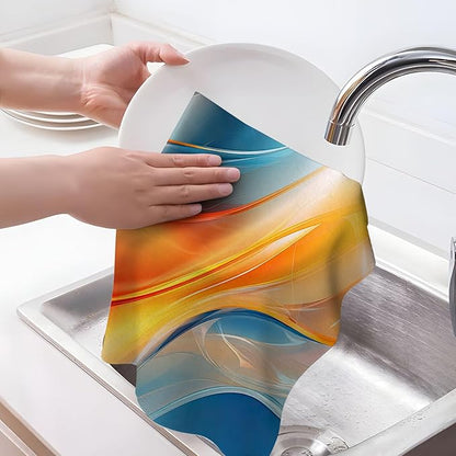 Orange Blue Kitchen Dish Towels Set of 4, Soft Absorbent Marble Decorative Tea