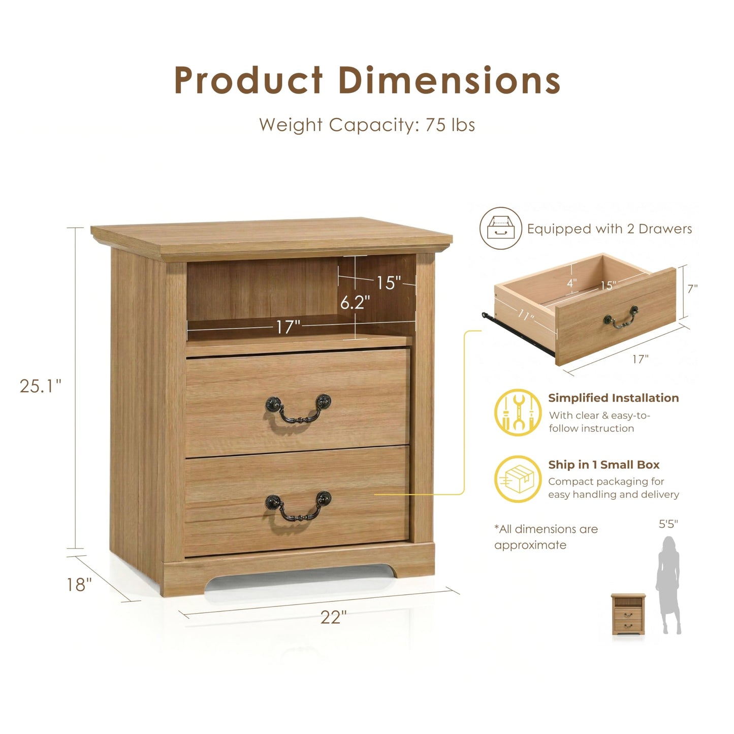 24/7 Shop at Home Elrik Modern 22-inch Wood Nightstand with Open Shelf, 2 Drawers and Ornate Handles, Wooden Night Stand for Bedroom, Apartment, Small Bedside Table, Natural