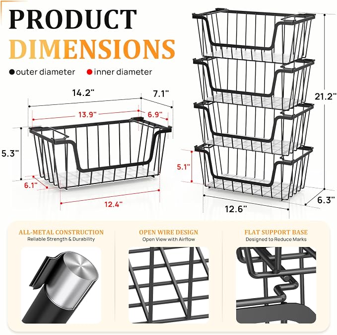 SUNALLY Stackable Storage Bins 4 Pcs Wire Baskets for Pantry Organizers and Storage, Vegetable Fruit Storage Basket for Countertop Organizer,Kitchen Baskets for Onion Potato Snack Cans Storage,Black