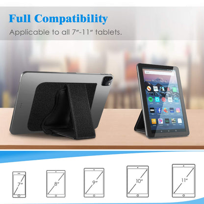 Fintie Universal Tablet Hand Strap Holder - [Dual Stand Supports] Detachable Padded Hook & Loop Fastening Handle Grip with Adhesive Patch for iPad/Galaxy Tab and All 7-11" Tablets, Black