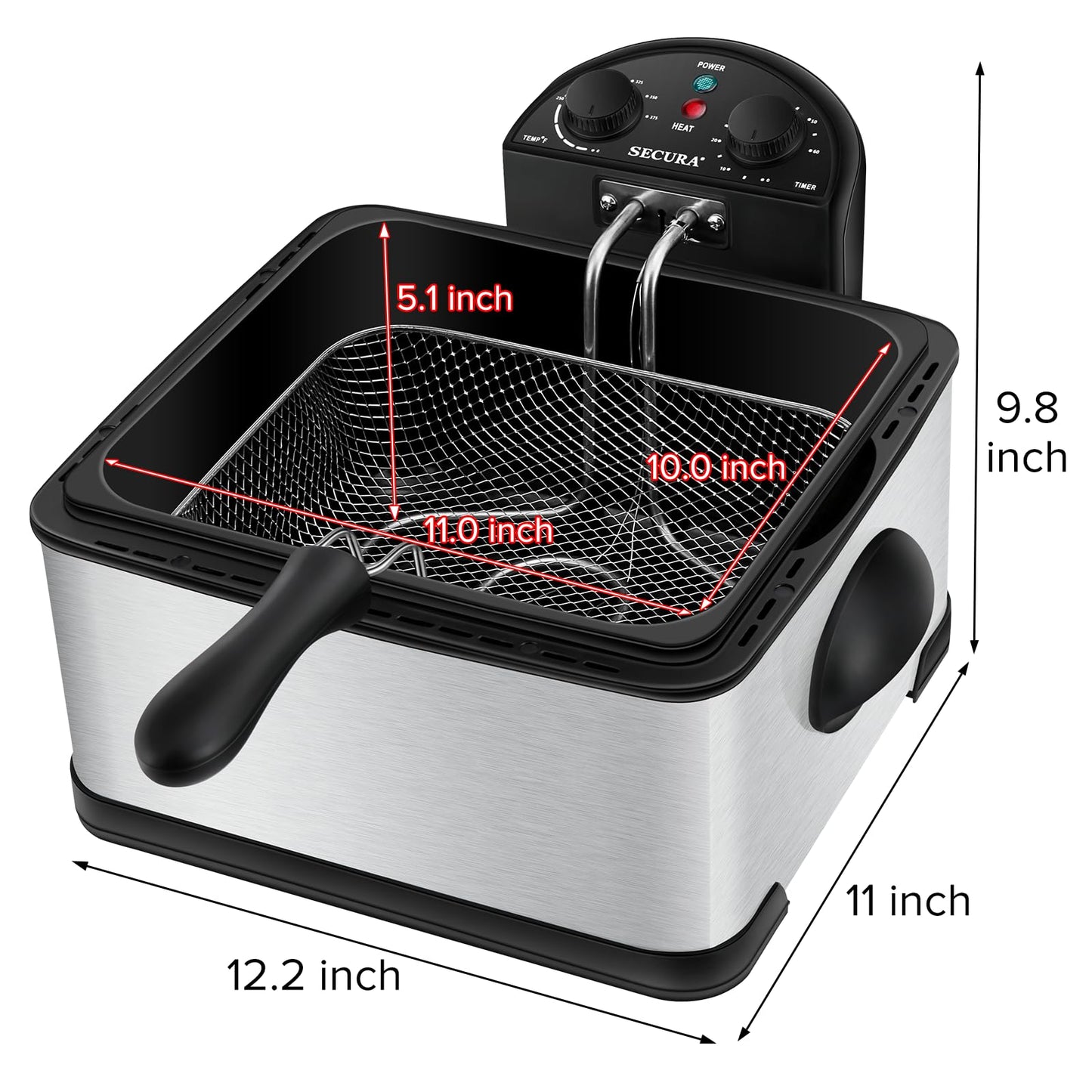 Secura 1700-Watt Stainless-Steel Triple Basket Electric Deep Fryer with Timer Free Extra Odor Filter, 4L/17-Cup, Red