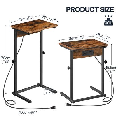 HOOBRO C-Shaped End Table with Charging Station, Adjustable Height Sofa Tray Side Table, Slide Under Couch Arm Table, Small C Side Table for Small Space in Living Room, Bedroom, Rustic Brown BF71USF01