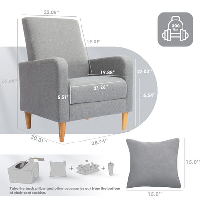 COLAMY Fabric Accent Living Room Chairs Set of 2, Upholstered Arm Chair Reading Side Chair, Single Sofa with Back Pillow and Wood Legs, Light Grey