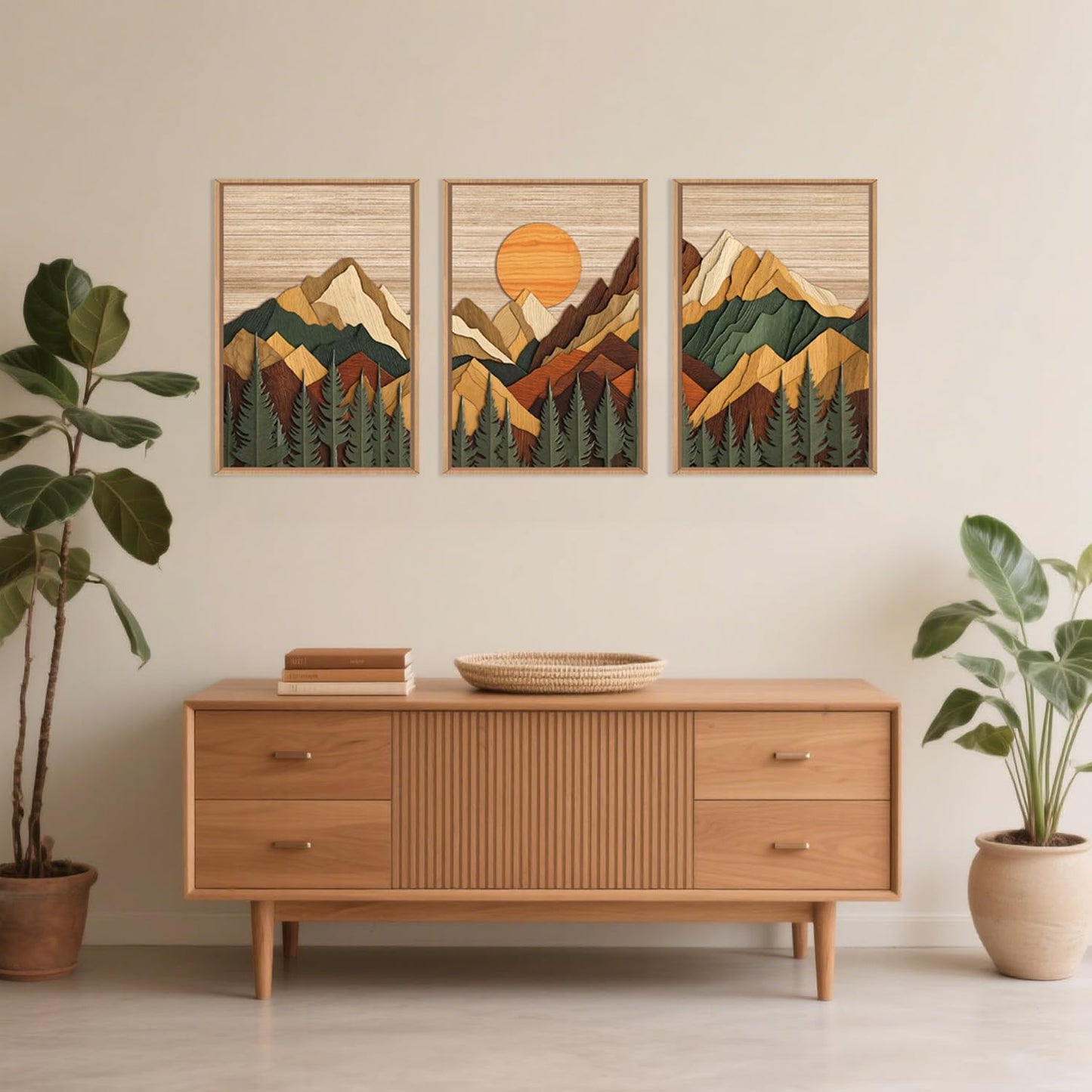 Celestdeco Large Woodcut Style Mountain Framed Canvas Wall Art Set, Woodsy Rustic Ridge Wall Decor, Boho Pine Tree Forest Wall Painting, Abstract Sunrise Wooden Art Print for Living Room, Bedroom, Office - 16"X24"X3 (Not-3D Effect)