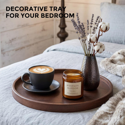 Round Natural Wood Tray - 12 Inch Decorative Serving Tray with Handles, Solid Wooden Coffee Table Tray for Ottoman, Vanity, Entryway, Snacks, Drinks & Home Decor