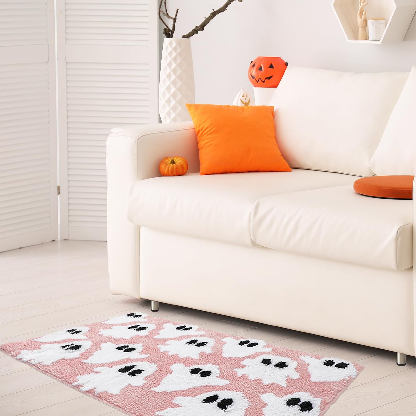 JarThenaAMCS Halloween Bathroom Rug Pink White Little Boo Bath Mat Non Slip Doormat Spooky Ghost Holiday Front Mat for Indoor Living Room Home Decoration