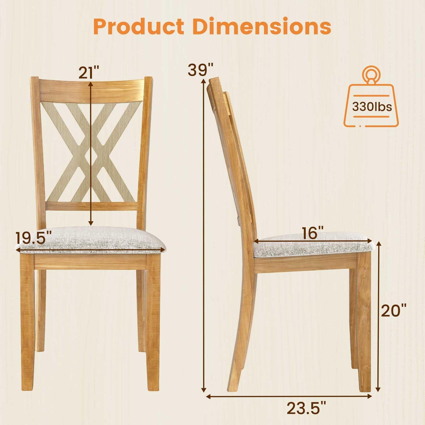 Giantex Wooden Dining Chairs Set of 2, Linen Fabric Upholstered Kitchen Chair w/Rubber Wood Frame, Wide Padded Seat, Curved Cross Back, Farmhouse Side Chairs for Dining Living Room Restaurant