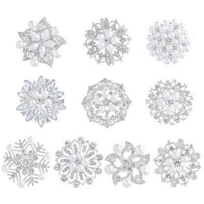 WeimanJewelry Silver/Gold/Rose Gold Plated Assorted Crystal Rhinestones Brooch Pins Set for DIY Wedding Bouquets Kit (Silver with pearls 10pcs)